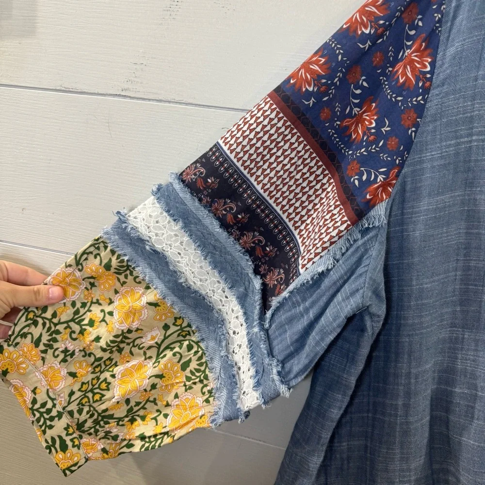 Coldwater Creek 100% Cotton Boho Blue Patchwork Blouse Size XL - Picture 8 of 10